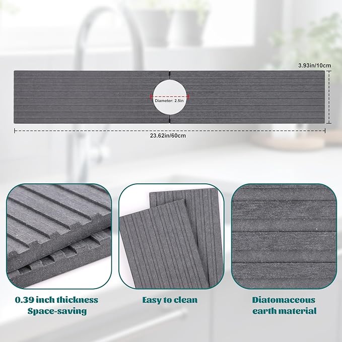 23.6in Kitchen Faucet Mat, Diatomite Sink Stone Quick Dry Around Faucet Mats for Bathroom Counter (Dark Gray)