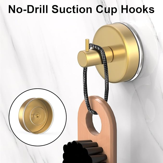 HUFEEOH Suction Cup Hooks for Shower, 4 Pack Removable Towel Holder Hooks for Inside Shower, No Drill Towel Hooks for Bathroom Hanger Wall Mount (Gold)