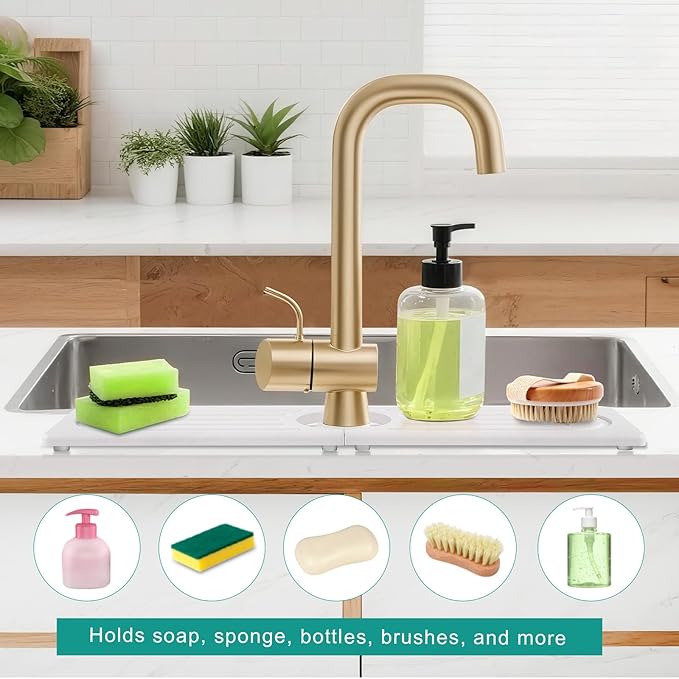 15.7”Drying Stone Faucet Mat for Kitchen Sink-Diatomite Quick Dry Kitchen Sink Splash Guard, Water Absorbent Diatomite Stone Tray,Durable Protector for Bathroom Counter (white, 15.7" X 3.9")