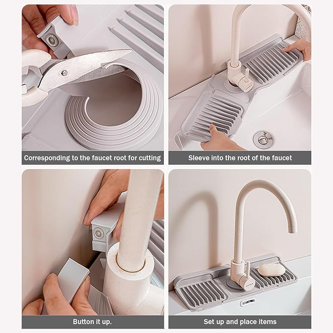 Longer Silicone Faucet Mat for Kitchen Sink – Button Style Faucet Drip Catcher & Leak-Proof Sink Splash Guard with 6° Slope, Behind Faucet Draining Mat,Gadgets for Bathroom (light gray, large)