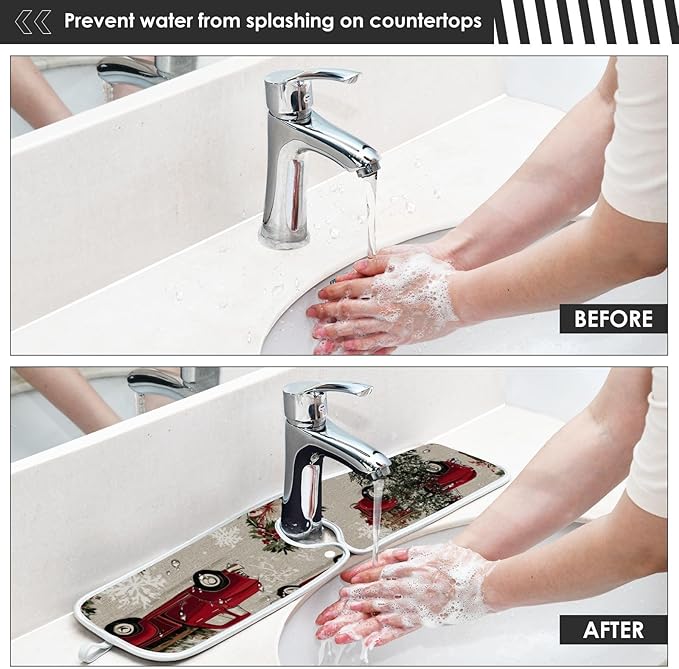 Sink Faucet Absorbing Mat Kitchen Sink Splash Guard Splash Faucet Drip Catcher for Bar RV Bathroom 2PCS 30x5.5in Watercolor Christmas Trees and Trucks Box