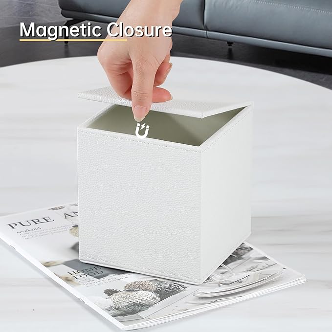 PU Leather Tissue Box Cover Square Tissue Box Holder with Magnetic Closure, Decorative Tissue Holder for Bathroom Bedroom Office (White)