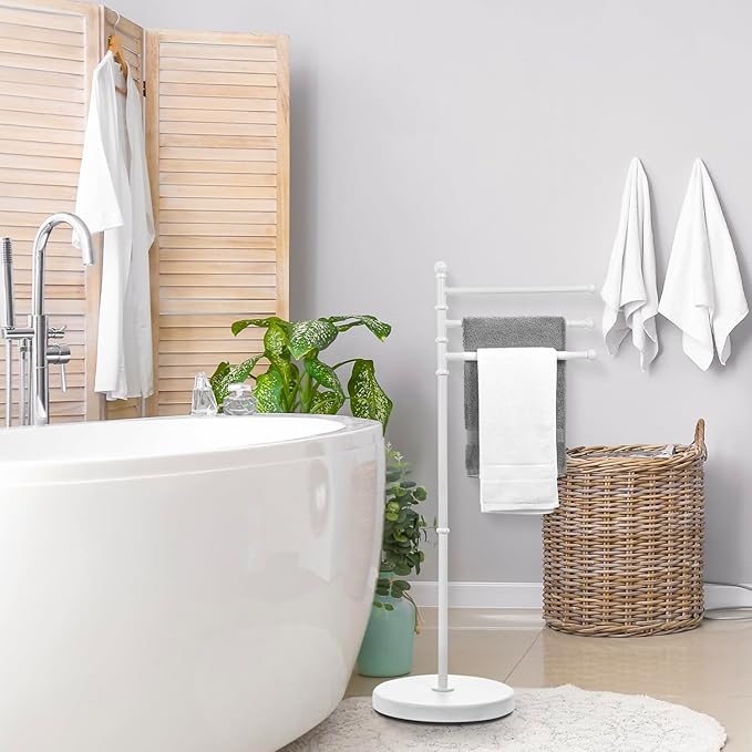 MyGift 40 Inch Bathroom Towel Holder, Matte White Metal Floor Standing Rack with 3 Swivel Bars, Spa Pool Hot Tub Valet Accessories Stand for Drying Towels