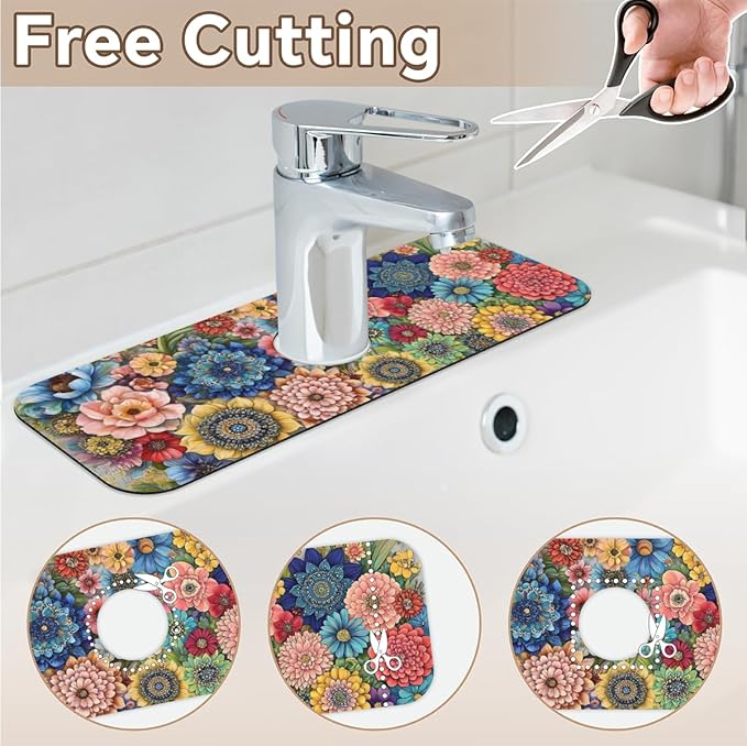 Kitchen Sink Splash Guard Faucet Mat Boho Flowers 1PC Super Absorbent Fast Drying Faucet Guard & Draining Mat Sink Splash Guard Behind Faucet Drip Catcher for Kitchen Bathroom RV (15.4" X 5.7" )