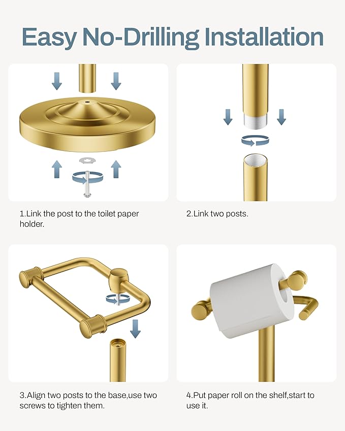 Freestanding Toilet Paper Holder, Double Post Pivoting 22" Height Toilet Roll Holder Floorstanding Base Weighted, Stainless Steel Toilet Paper Holder Stand (Gold)
