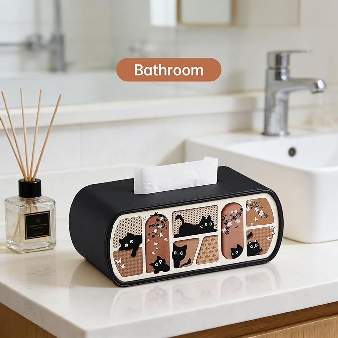 Kitty Cat Tissue Box Cover Rectangle, 4 Inches High Tissue Box Holder for 120(3-Ply)/160(2-Ply) Count Boxes, Stylish Curved Edge Tissue Holder for Bathroom Living Room Car Office (Black)