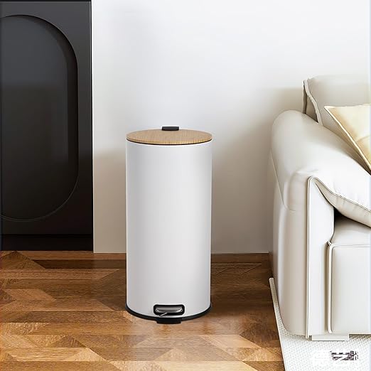 GarveeHome 8 Gallon Step Trash Can with Soft-Close Bamboo Lid, Stainless Steel Garbage Can with Removable Inner Bucket, 30L Round Trash Bin, Perfect for Kitchen, Bathroom, Living Room, White