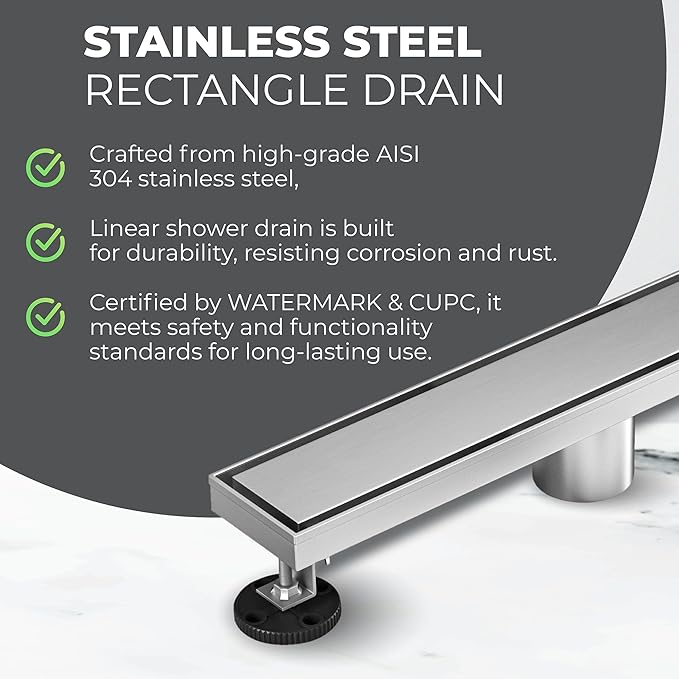 24 Inch Rectangular Linear Shower Drain Set with Reversible Flat & Tile Insert Cover, 304 Stainless Steel Bathroom Floor Drain with Hair Catcher, Shower Floor Drain Includes Adjustable Leveling Feet