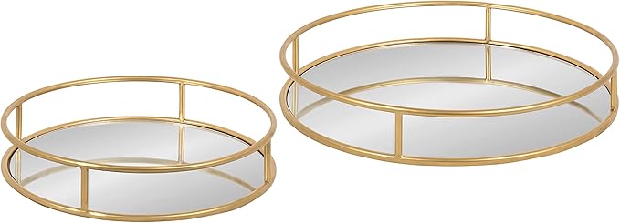 Kate and Laurel Felicia Modern Glam Metal Nesting Trays | Decorative Round Shape with Handles and Mirror Surface, Set of 2, Gold