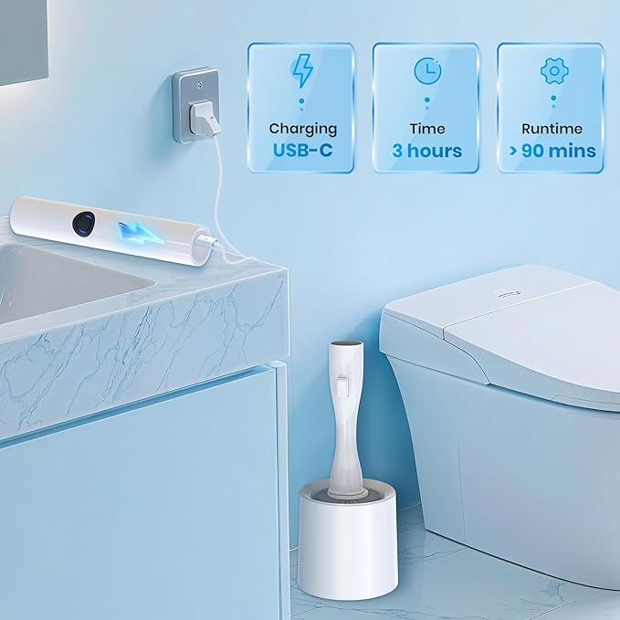 Electric Toilet Brush with Holder, Hands-Free Auto-Clamp Toilet Scrubber with 3 Replacement Heads (Silicone/Nylon/Disposable) and Gap Brush, Compact Bathroom Cleaning Set for RV