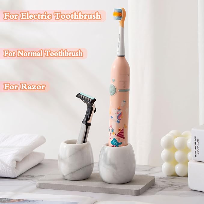 Electric Toothbrush Holder, Toothbrush Holders Travel Set with Tray and Bag, 2 Pcs Marble Electric Toothbrush Holder for Bathroom (White)