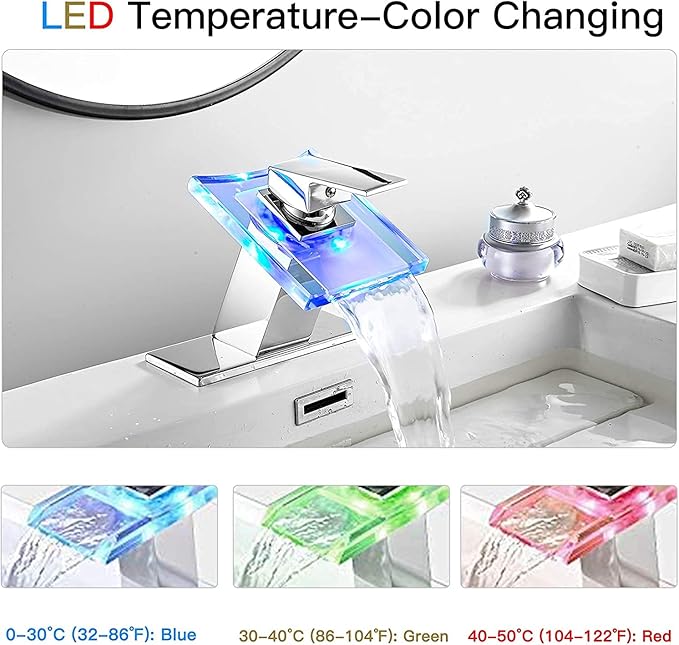 Bathroom Sink Faucet Waterfall Glass Spout LED Light 3 Colors Changing Hot and Cold Water Mixer Single Handle One Hole Deck Mounted Bathroom Faucet Lavatory Vanity Basin Tap Chrome