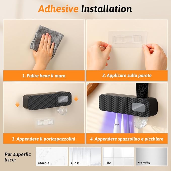 Smart Toothbrush Holder, Wall Mounted Toothbrush Holder with Toothpaste Dispenser, Drying Function and 3 Toothbrush Slots for Bathroom (Black)