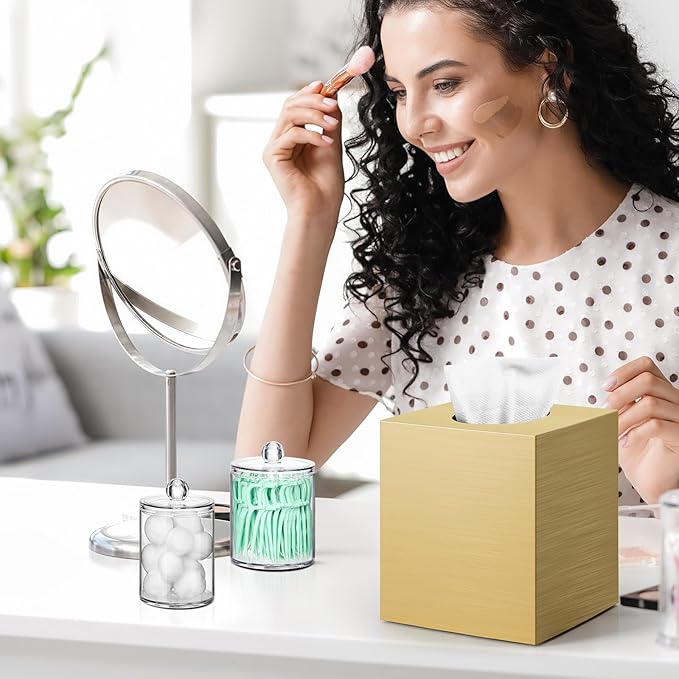 Tissue Box Cover, Square Facial Acrylic Tissue Box Holder with 2 Pack Clear Qtip Holder Dispenser, Bathroom Vanity Dresser Night Stand Essentials Accessories Decor, Modern Farmhouse Decor, Gold