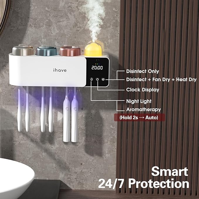 iHave Toothbrush Holders Wall Mounted with Toothbrush Sanitizer & Aromatherapy Diffuser | Auto-Cycle Disinfection, Heated Fan Drying, USB Rechargeable, IR Night Light, LED - 3 Cups Bathroom Organizer
