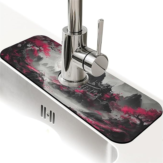 Kitchen Sink Splash Guard，Night mountain temple Faucet Mat Sink Gadgets-Super Absorbent Fast Drying Mat Drip Catcher for Kitchen, Bathroom,Sink Mat, Dish Drying Mat, Bathroom(15" X 5.5" )
