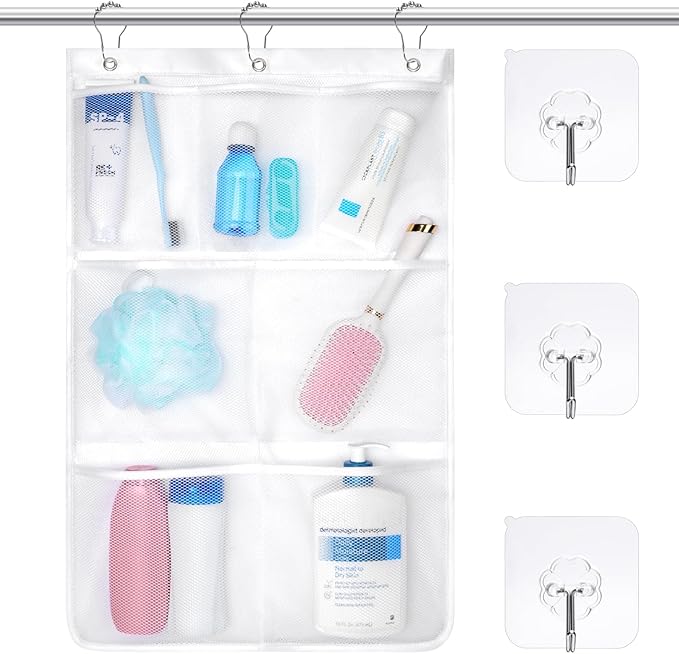 F-color Cruise Essentials 2026 - Mesh Shower Organizer Hanging with 7 Pockets for RV Gym Camping, Quick-Dry Portable Toiletry Bag with Metal Hooks for Bathroom Travel Toiletries