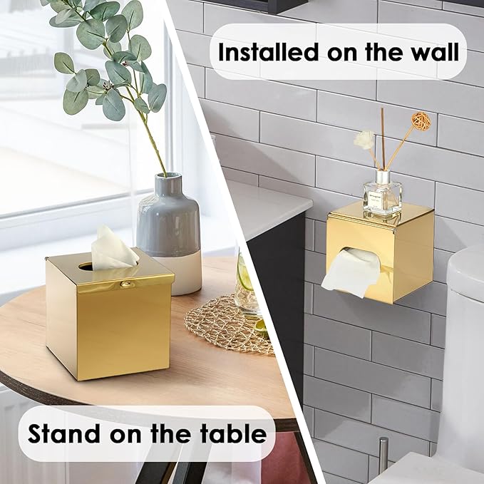 Sumnacon Tissue Box Cover Square Stainless Steel Tissue Box,Wall Mount Tissue Box Holder with Srews,Stylish Tissue Holder for Bathroom Toilet Bedroom Living Room Kitchen Table Desk Office, Gold