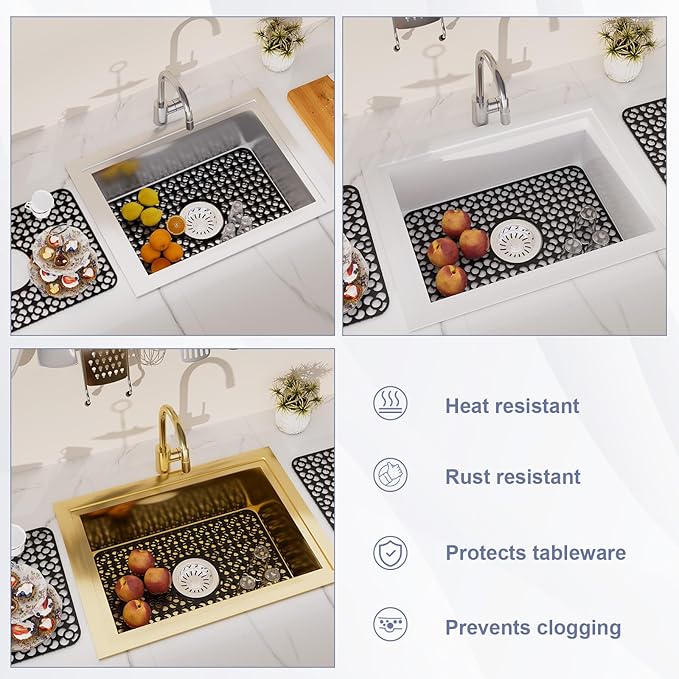 TOOVEM Kitchen Sink Mats, Sink Protectors for Kitchen Sink, 11.5 x 18.2 Inch Silicone Heat Resistant Non-Slip for Bottom of Kitchen Stainless Steel Sink Mats, Black