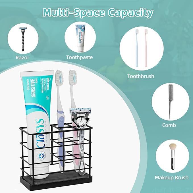 Toothbrush Holders, Bathroom Organizers and Storage with Instant Drying Stone, Bathroom Accessories Toothpaste Holders, Bathroom Counter Organizer, Black