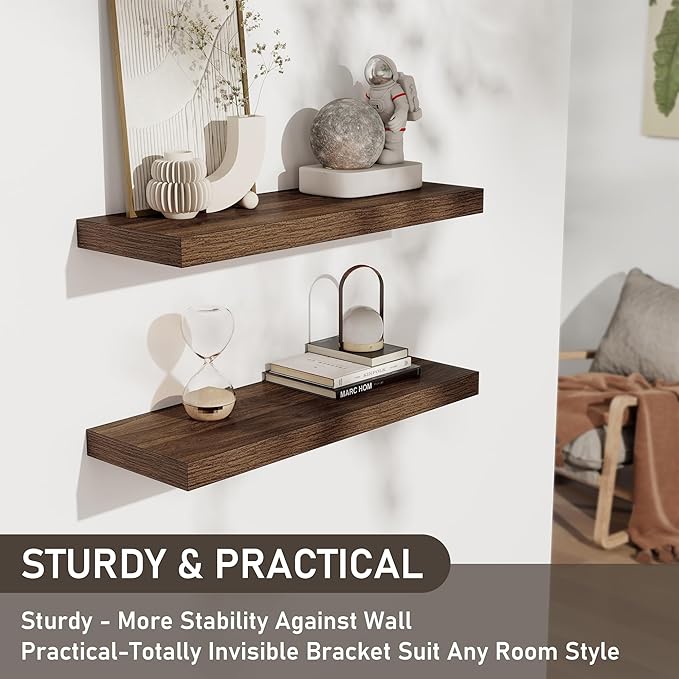Fun Memories Floating Shelves for Wall Set of 2, 28 Inch Long Floating Shelves for Home Decor, Rustic Wood Wall Mounted Shelf, Hanging Deep Shelf for Living Room, Bedroom, Bathroom, Kitchen, Walnut