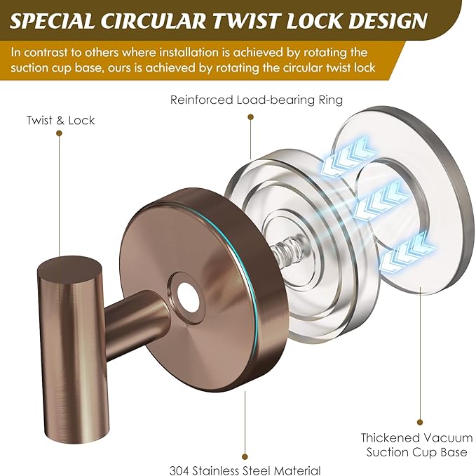 Suction Cup Hooks for Shower,Heavy Duty Shower Towel Suction Hooks,No Drill Wall Mounted Towel Hooks for Bathrooms Wall,Kitchen,Glass,Mirror,Tile to Hang Towels,Robes,Coat-Champagne Bronze(2 Pack)