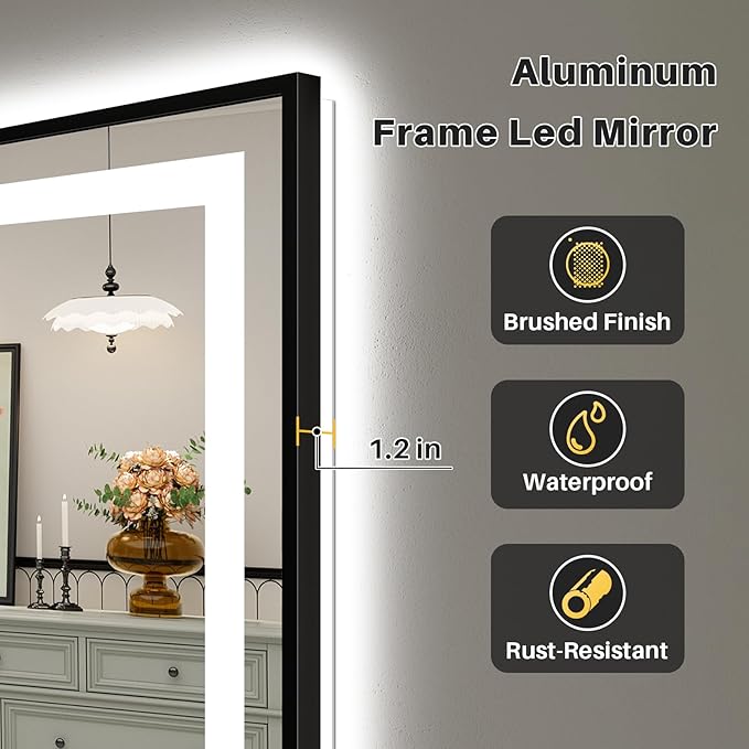 40x32 Inch LED Bathroom Mirror with Black Frame, Backlit & Front Lit, Anti-Fog Lighted Bathroom Vanity Mirror for Wall, Memory Function, Dimmable, HD Tempered Glass, Shatter-Proof