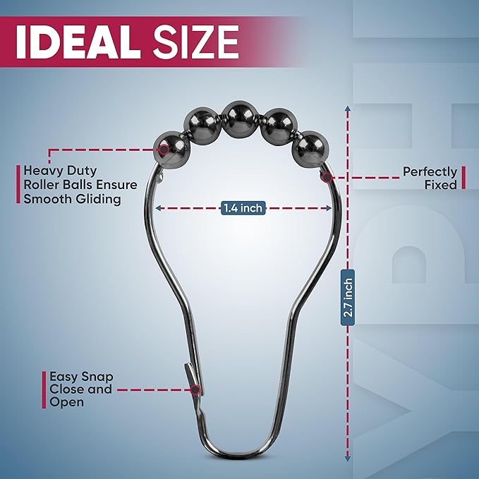 Shower Curtain Hooks Rust Proof (Set of 12) - Stainless Steel Shower Curtain Rings - Anti Slip Roller Balls for Easy Glide (Secure Lock Hooks, Bronze)
