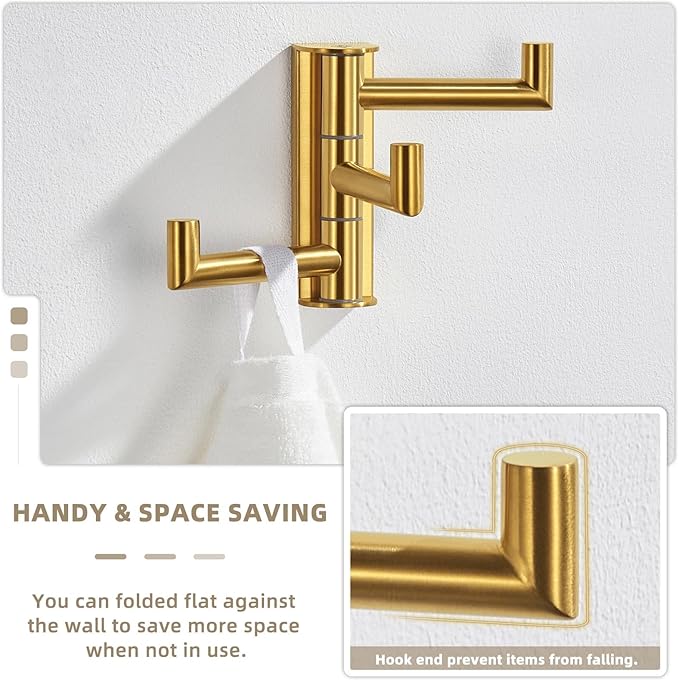 Suyar Brushed Gold Towel Hook, SUS 304 Stainless Steel Bathroom Coat Robe Holder with 3 Swivel Arms, Wall Hook for Kitchen Entry Garage