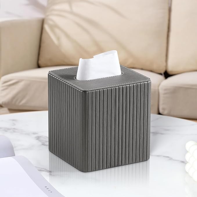 PU Leather Tissue Box Cover Square Tissue Box Holder with Magnetic Closure (Slate Grey)
