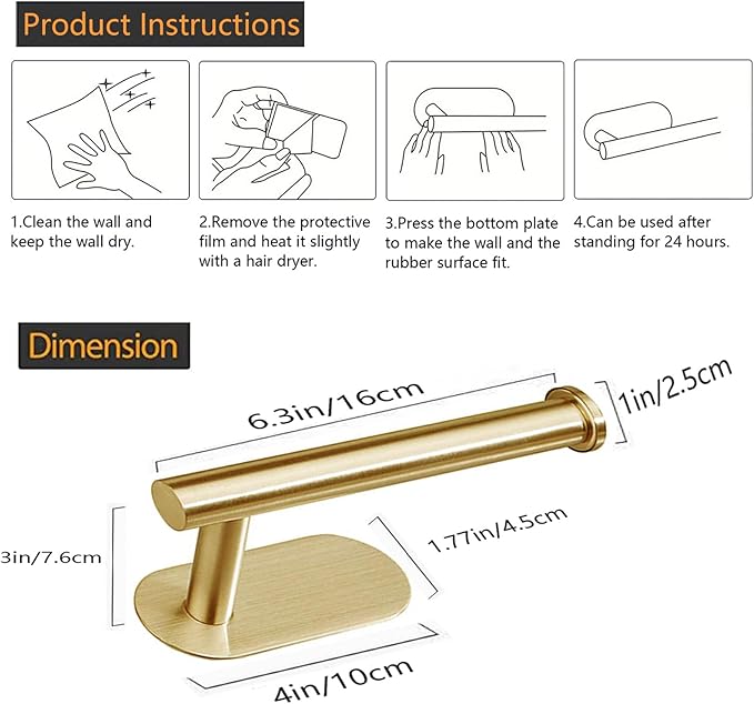 Toilet Paper Holder - Self Adhesive Toilet Paper Holder Wall Mount for Bathroom, SUS 304 Stainless Steel Command Strip Toilet Paper Roll Holder Stick On Wall, No Drilling - Brushed Gold