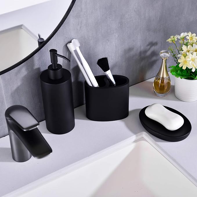 Matte Black 5 Piece Bathroom Accessories Set - Resin Countertop Kit with Soap Dispenser, Toothbrush Holder, 2 Tumbler Cups, Soap Dish