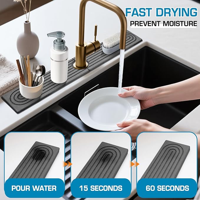 Faucet Mat for Kitchen Sink, Diatomite Quick Drying Tray, Long 23.6'' Kitchen Sink Splash Guard and Bathroom Stone Tray for Counter. Super Absorben. (Dark Gray-Rectangle, 23.6" x 4")