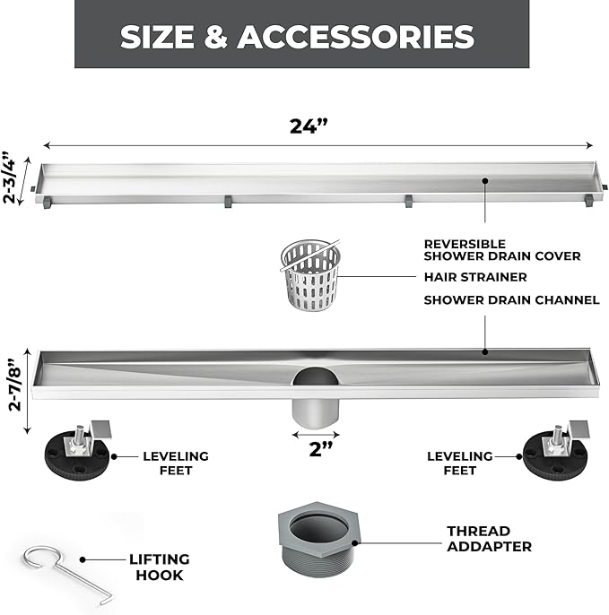 24 Inch Rectangular Linear Shower Drain Set with Reversible Flat & Tile Insert Cover, 304 Stainless Steel Bathroom Floor Drain with Hair Catcher, Shower Floor Drain Includes Adjustable Leveling Feet
