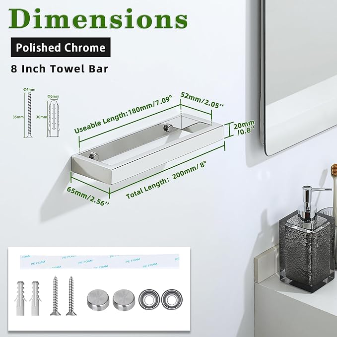 Alise Bath Towel Bar,Wall Mount Towel Holder Towel Rack Towel Hanger for Bathroom Lavatory,8 Inch SUS304 Stainless Steel Towel Rail,Polished Chrome
