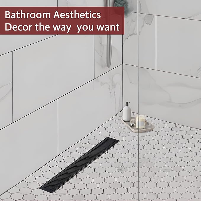 24 Inch Linear Shower Drain, Matte Black Shower Drain,Removable Grate, 304 Stainless Steel, Easy to Install and Clean for Bathrooms (Drain Base Not Included), LSD-51A-24B