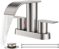 FORIOUS Brushed Nickel Bathroom Sink Faucet, Waterfall 4 Inch Centerset Bathroom Faucets with Metal Pop up Drain and cUPC Hose for Basin, Vanity, RV, Pedestal 2 or 3 Hole Sink