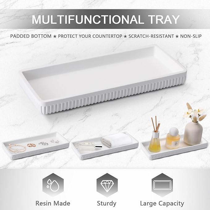 Resin Bathroom Toothbrush Holder Set, Matte White Bathroom Accessories Set 4 Pcs, Bathroom Tumbler Cup Tooth Brushing Cup Set with Tray, for Sink Countertop Modern Home Decor