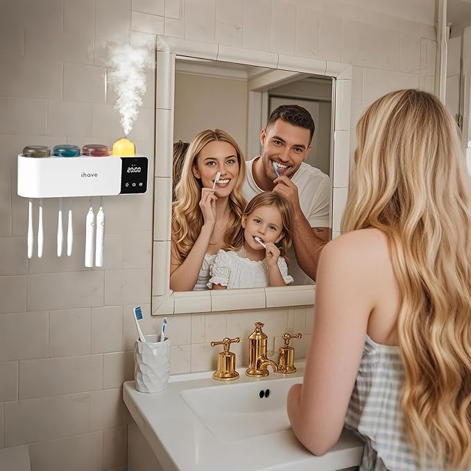 iHave Toothbrush Holders Wall Mounted with Toothbrush Sanitizer & Aromatherapy Diffuser | Auto-Cycle Disinfection, Heated Fan Drying, USB Rechargeable, IR Night Light, LED - 3 Cups Bathroom Organizer