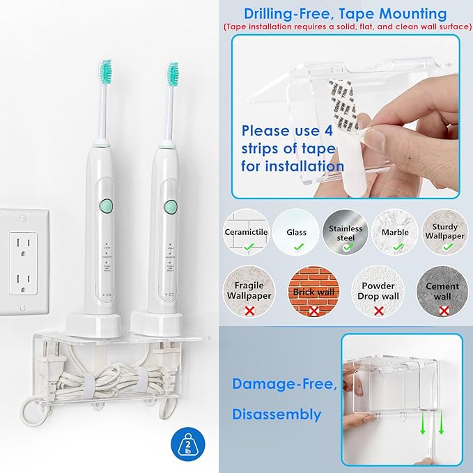 OAPRIRE Electric Toothbrush Holder for Bathroom, Acrylic Electric Toothbrush Holder Wall Mounted Come with Cable Organizer, Saving Space and Convenient Charging - Clear