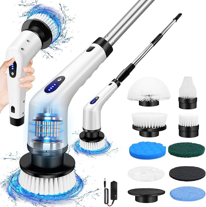 Electric Spin Scrubber,Cleaning Brush Scrubber for Home,320RPM/Mins-9 Replaceable Brush Heads-90Mins Work Time,3 Adjustable Size,2 Adjustable Speeds for Bathroom Shower Bathtub