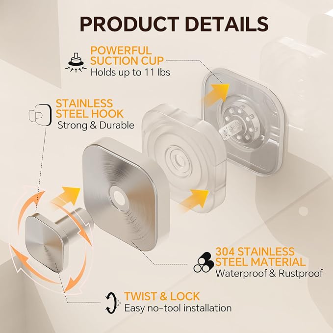 2Pack Suction Cup Hooks for Shower, Bathroom, Glass Door – Heavy Duty Waterproof Suction Hooks for Towel, Loofah, Bath Robe and Wreath Hanging – No Drill Removable Hook, Brushed Silver