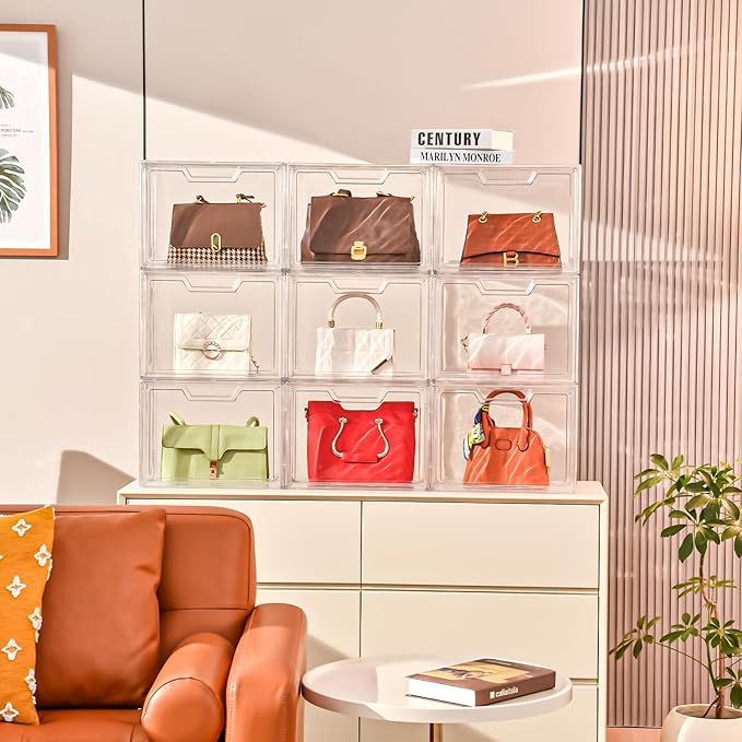 Stackable Storage Bins, Clear Acrylic Display Case, 9-Pack Acrylic Boxes with Lids, Clear Storage Containers Storage for Handbags, Collectibles & Figures