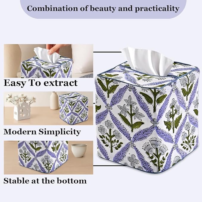 Ridhi Light Steel Blue Block Print Tissue Box Cover Handmade Cotton Fabric Decorative Square Napkin Holder for Home Bedroom Living Room Bathroom Vanity Countertop Car Night Stands Office Kitchen