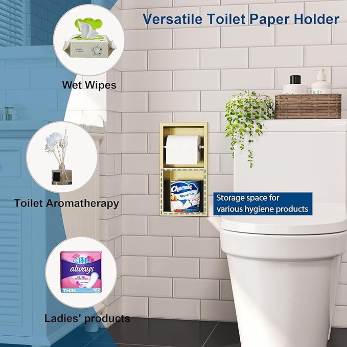 Recessed Toilet Paper Holder, 304 Stainless Steel Bathroom Toilet Paper Holder with Storage, in Wall Tissue Toilet Roll Holder, Brushed Golden