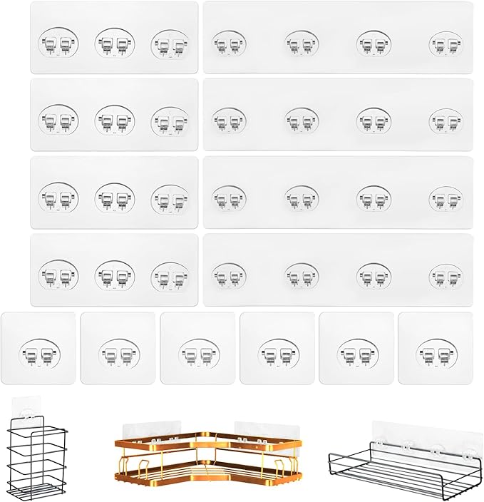 14 Pack Shower Caddy Adhesive Replacement, Strong Shower Shelf Adhesive Hooks for Corner Shelf Basket, Bathroom Rack, Kitchen Rack and Soap Holder