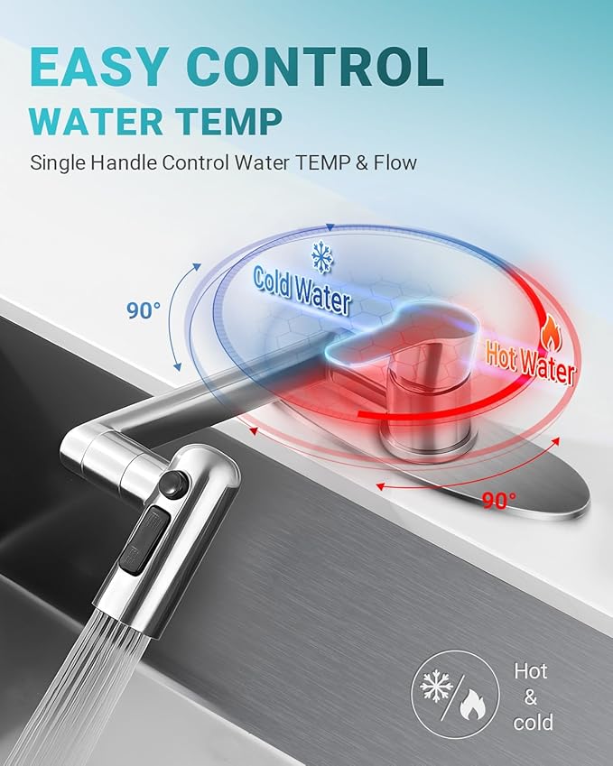 Single Handle Bathroom Faucet, 1080° Swivel Rotatable Faucet with 6'' Deck Plate, Short Bath Sink Faucets for Kitchen Rv Bath Lavatory Sink 1 or 3 Hole, Brushed Nickel