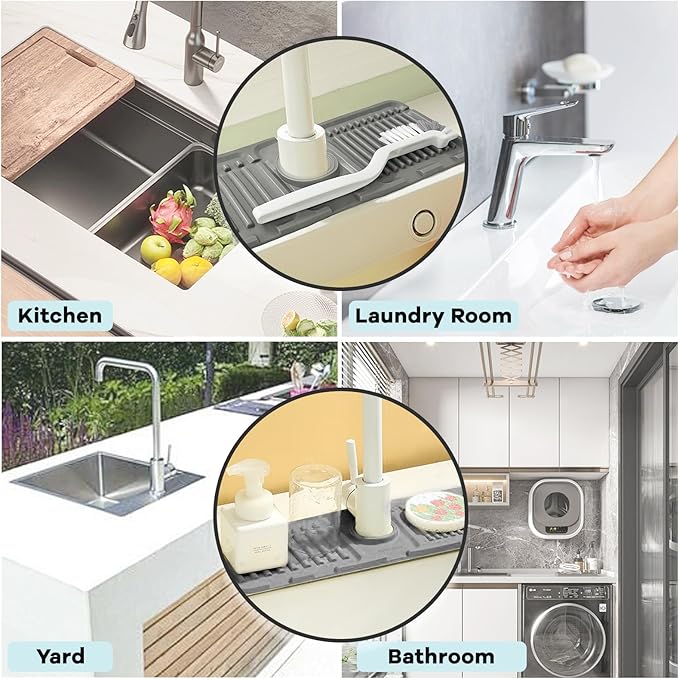 Daily Treasures 15.7"x4.7" Silicone Faucet Splash Guard with Brush, 5° Large Slope Sink Splash Guard, Sink Splash Guard Mat Kitchen Sink Splash Guard for Bashroom Kitchen Sink (Grew)