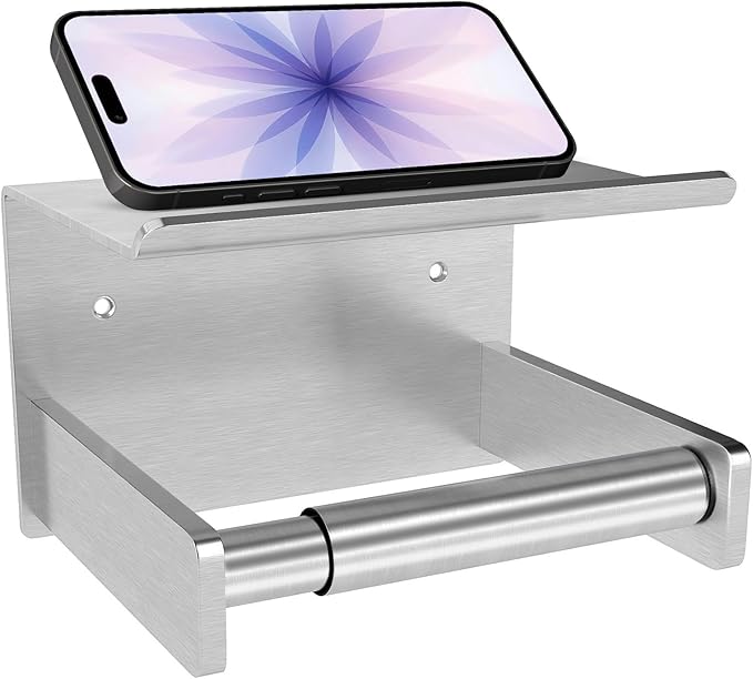 Toilet Paper Holder with Shelf, Toilet Paper Holder Wall Mount Adhesive for Bathroom Washroom RV with Spring Rod, Brushed Nickel