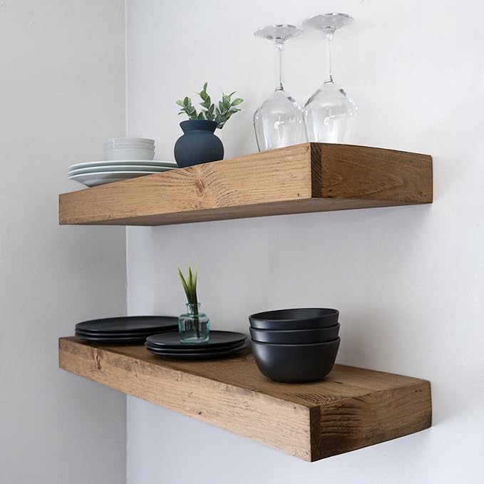 Urbandi Modern Floating Shelves 3 Inches Thick for Wall, Wide Shelves for Kitchen, Living Room, Bedroom, and Bathroom, Natural Pine Wood, Rustic Wooden Shelf, (Set of 2) (Aged Oak, 24Lx3Hx6D)